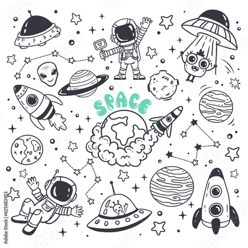 set of cosmos in doodle style: astronaut, planets, stars, rocket and alien, monster, ufo for design. Science space exploration.Vector
