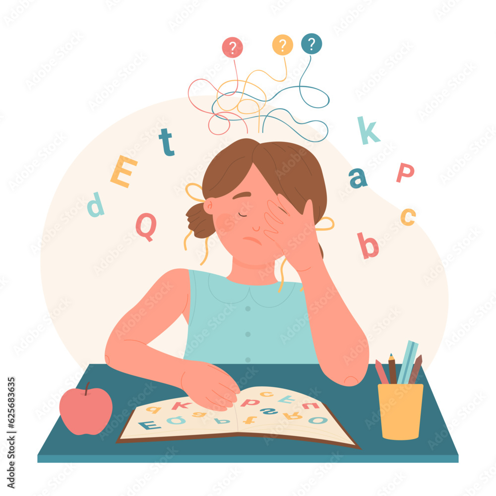 cartoon-dyslexic-girl-sitting-at-desk-with-cloud-of-letters-and-book-to