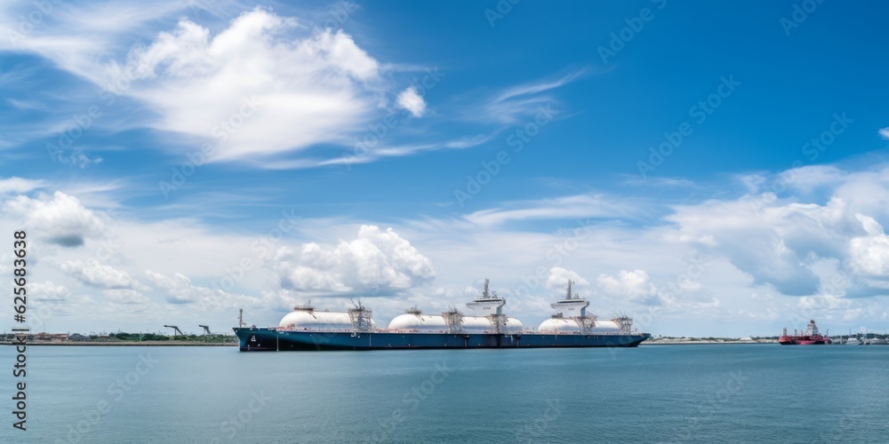 LNG Terminal and LNG Ship Amidst a Summer Landscape with Blue Sky, Meadows, and Ocean, Embracing Clean Energy Infrastructure
