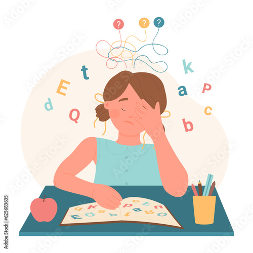 Cartoon dyslexic girl sitting at desk with cloud of letters and book to read and solve chaos puzzle of words. Dyslexia, disability disorder, problem of reading and understanding vector illustration
