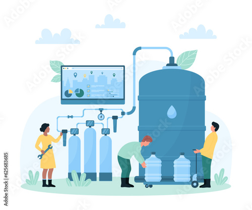 Purification, online distribution and clean water delivery vector illustration. Cartoon tiny couriers load gallons of drinking water after filtration at treatment plant, people carry plastic cooler