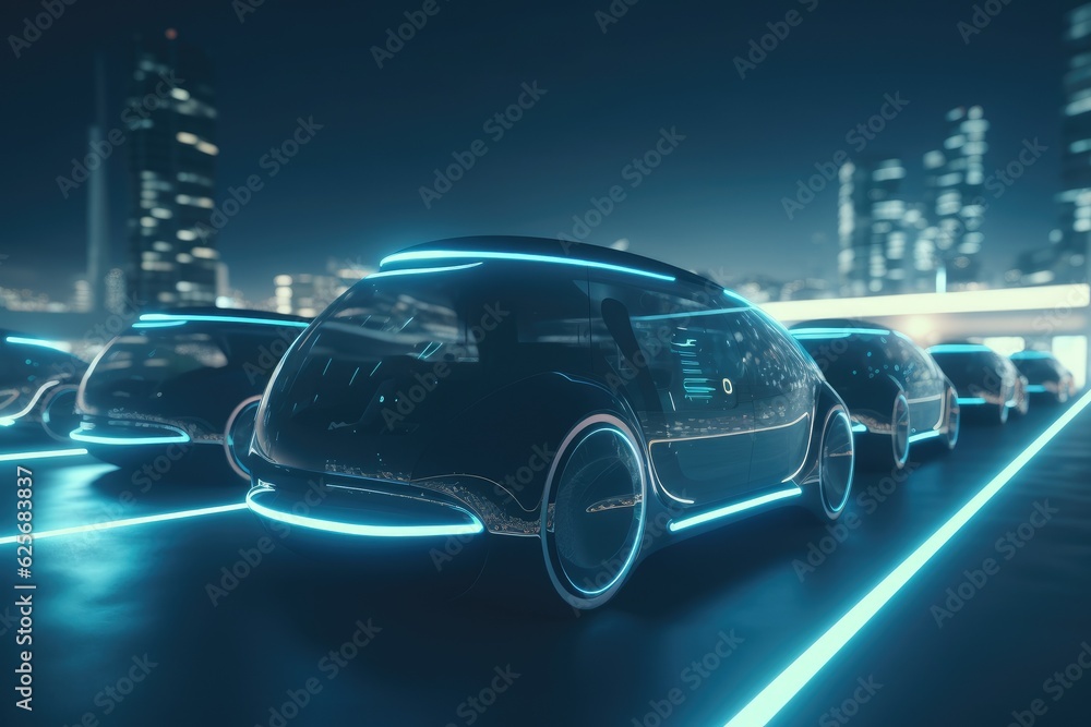 Fototapeta premium Futuristic and electric vehicles with glowing elements on a city highway with autonomous self-driving system. 