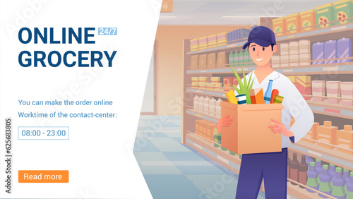 Online grocery store vector illustration. Cartoon supermarket warehouse worker, courier or storekeeper standing in aisle with market basket of food in hands, supermarket delivery landing page, banner