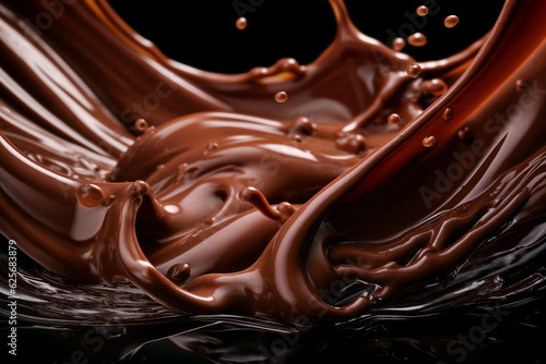close up of chocolate liquid splashing on a black background
