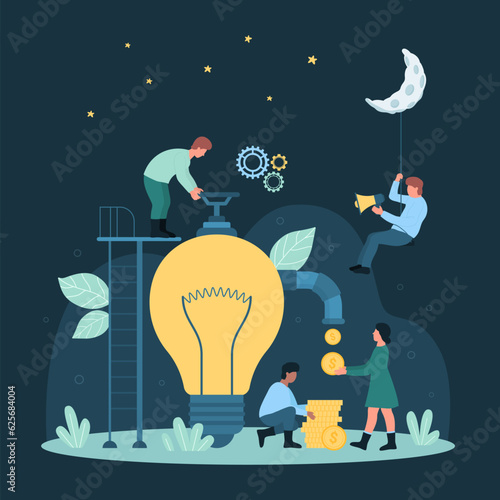 Cartoon tiny people monetize creative project, characters making money, dollar coins flow through pipeline to pay for success invention of author. Business idea monetization dark vector illustration.
