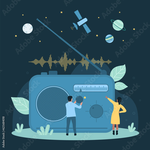 Cartoon tiny people listen broadcast or music with vintage radio station, characters turn button of receiver and antenna to customize sound and volume of news. Radio podcast dark vector illustration.