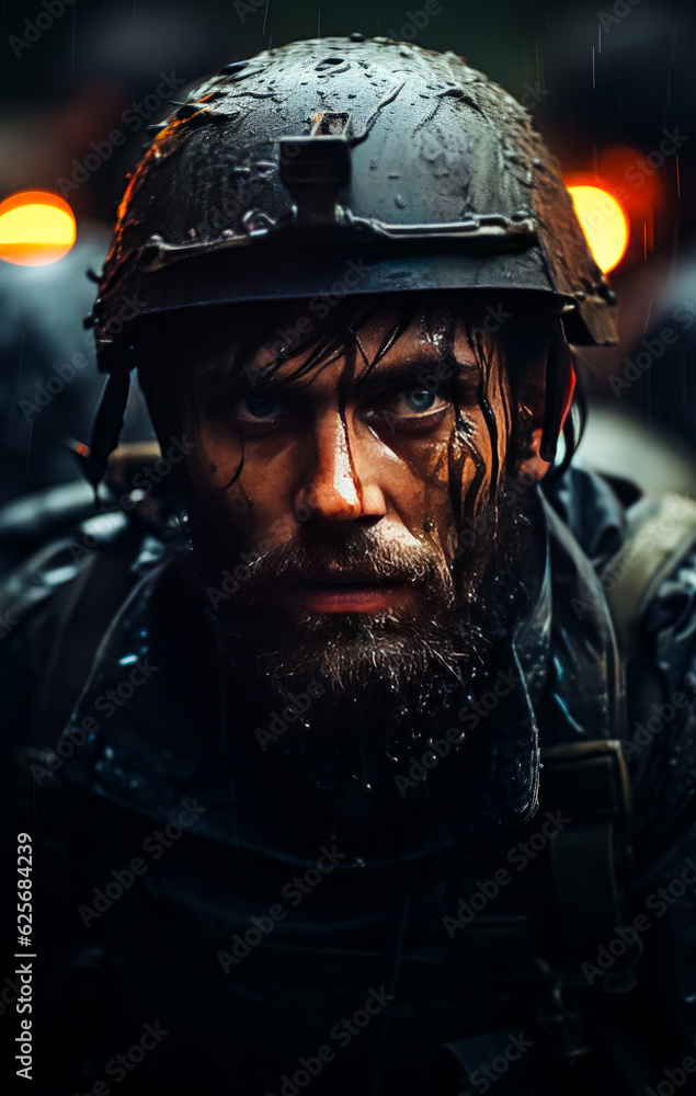 Mid-aged bearded man wearing black hard hat outdoors under the rain. Dirty water dripping by the soldier's face. Close up. Black backdrop. Generative AI.