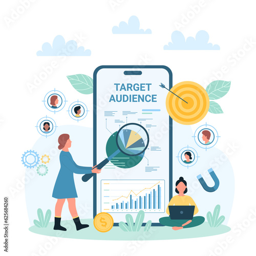 Target audience research vector illustration. Cartoon tiny people with magnifying glass consulting about customers outreach and focus group, digital targeting service in smartphone mobile app