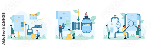 Utility bills payment set vector illustration. Cartoon tiny people check readings of water and electricity, heating and gas meters in order to pay, save and reduce consumption of natural resources