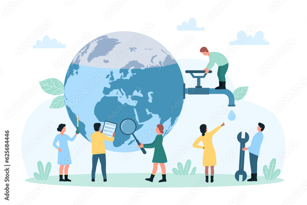 Water conservation, responsibility, global environmental protection vector illustration. Cartoon tiny people close valve on tap and pipeline to globe Earth, save and clean environment of world