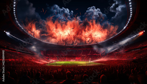 Large stadium overcrowded with spectators. Red light fireworks explode at backdrop. Generative AI. © Vadim