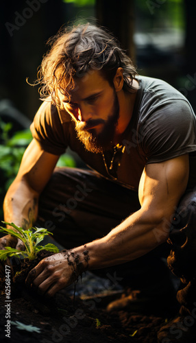 Muscular young bearded man squatted to plant the sprout. Farmer planting little green bush. Top view. Generative AI. © Vadim