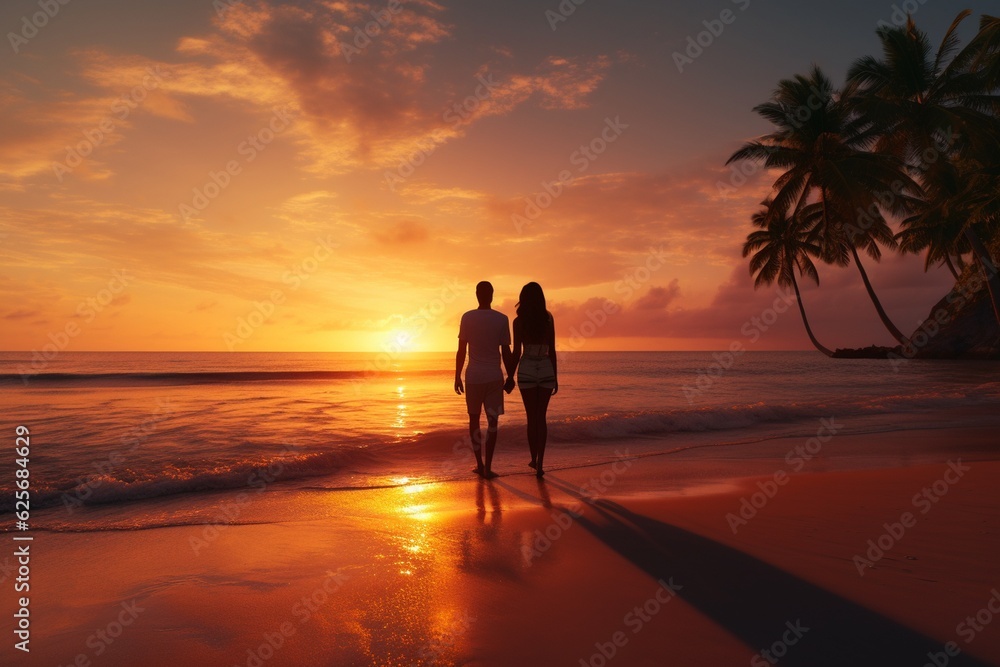 Photograph of couples enjoying the sunset on tropical beaches, Generative AI