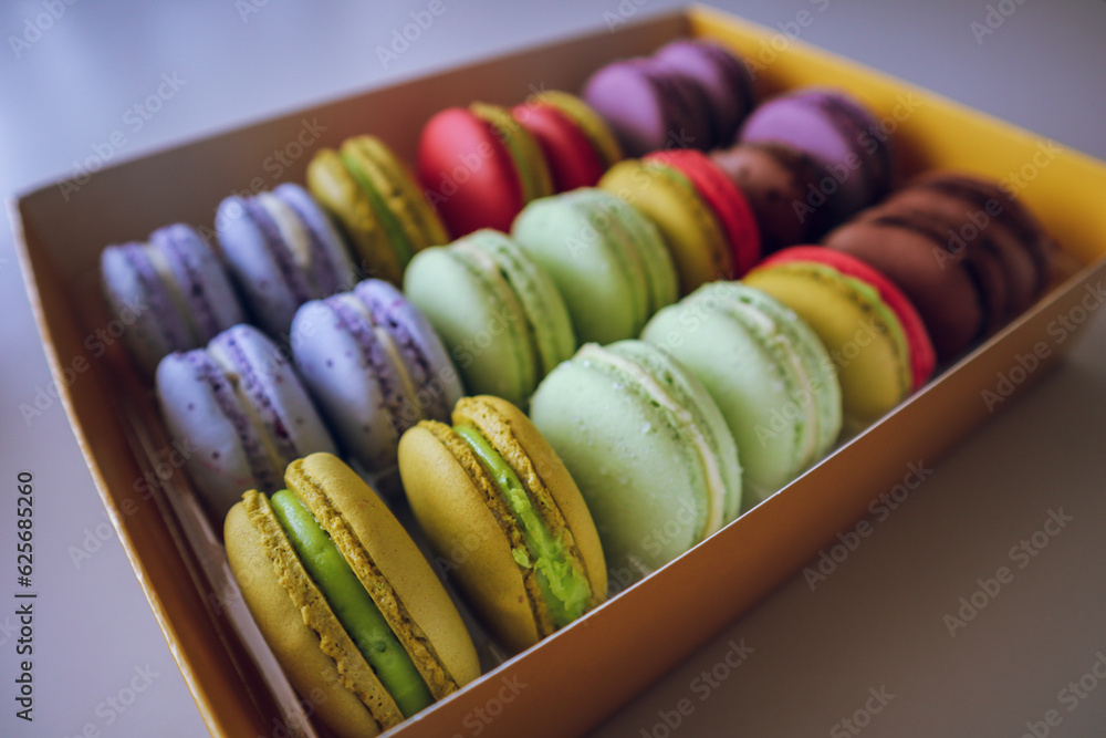 Box with a variety of French macarons Box with a variety of French macarons