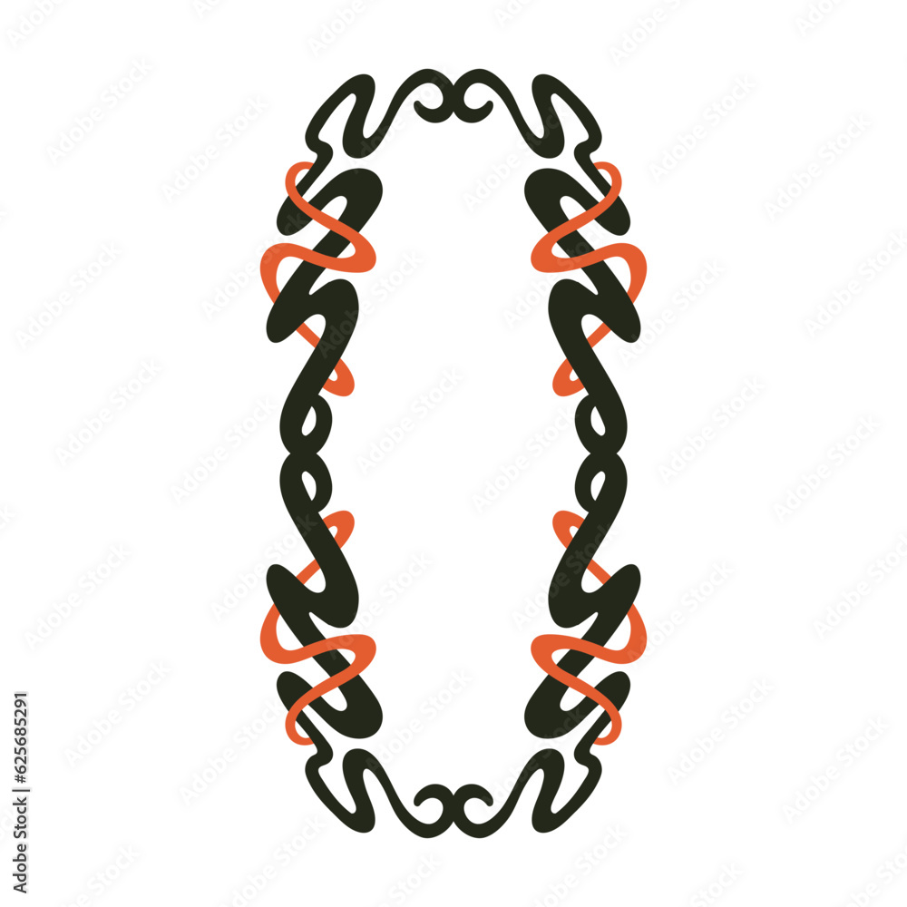 Black and red ogranic hand drawn vertical frame. Oval vector decoration isolated on white background. Black and red ogranic hand drawn vertical frame. Oval vector decoration isolated on white background.