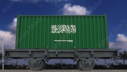 Train and containers with the flag of Saudi Arabia. Railway transportation. 3d illustration