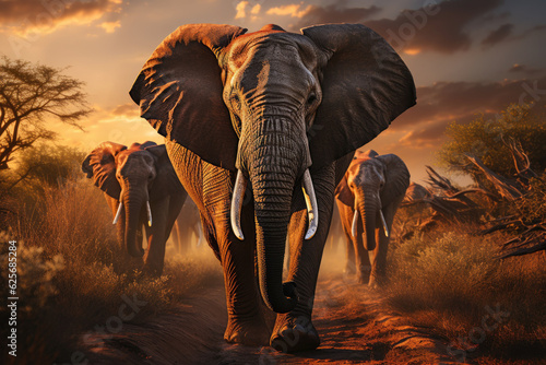 full body of herd of very long-tusked elephants in the sunset © JKLoma