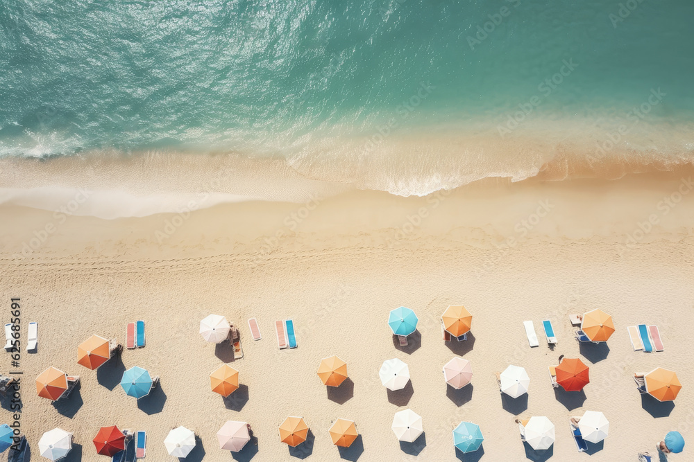 Aerial view of beach. Ocean shoreline with umbrellas. Summer vacation.