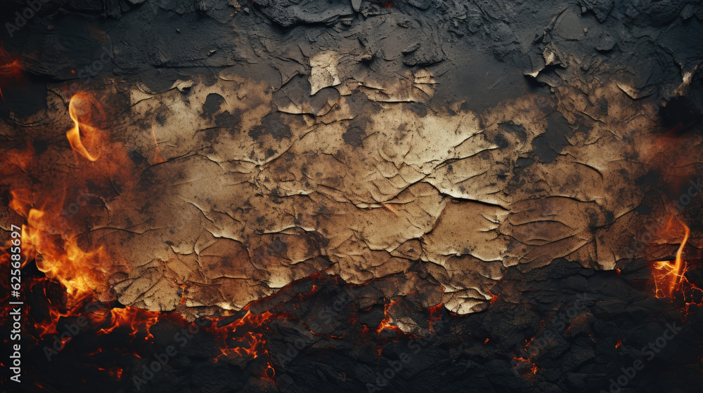 texture of burning paper, cardboard layers in a fire and black ash, AI