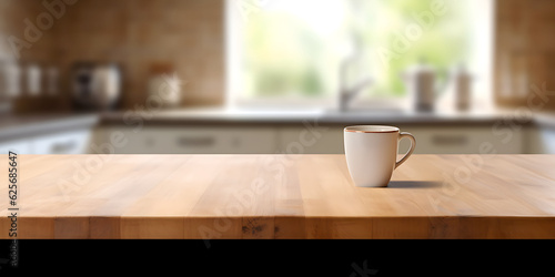 Coffee cup on wooden table with out of focus modern kitchen background