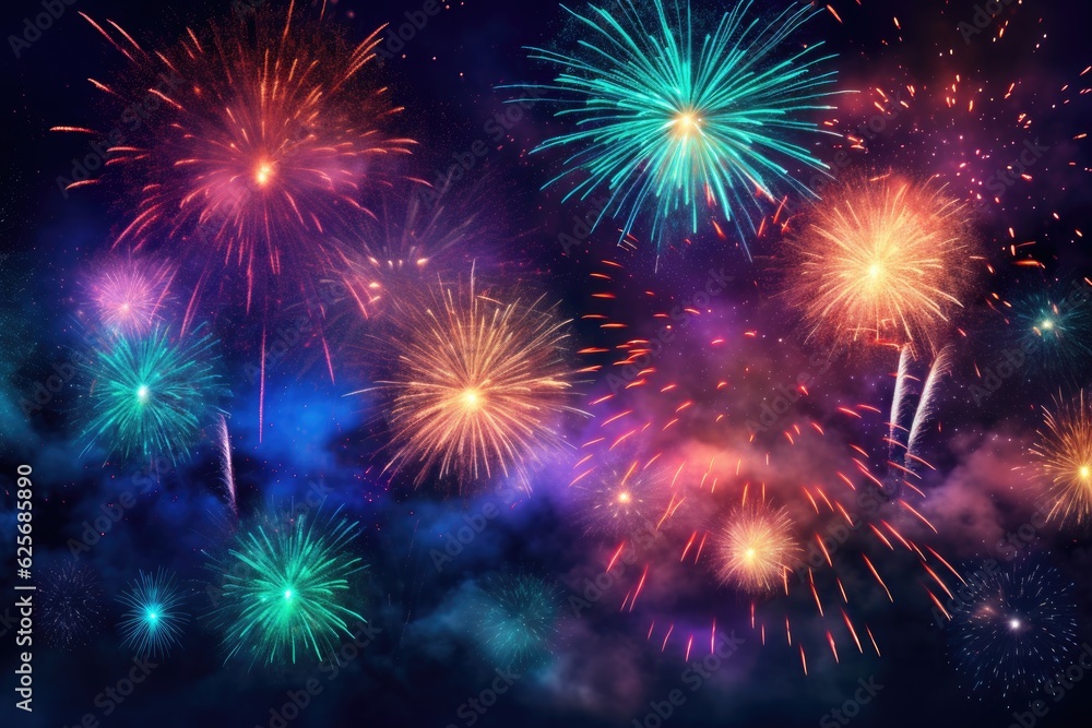 Fototapeta premium Colorful fireworks. Festival celebration explosion. Abstract firecrackers in the night sky.