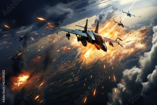 Fighter jets flying in a military combat zone. Bomber plane with contrails. Active war zone in the sky.