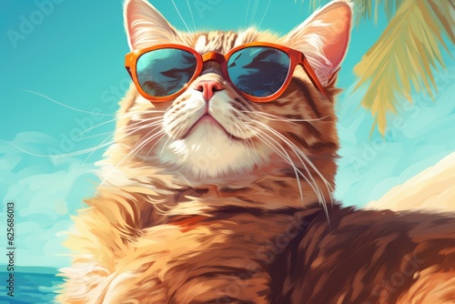 Cool cat hanging at the beach in sunglasses. Summer kitty by the sea. Sunbathing pet in shades.
