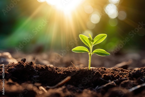 New growth. Seedling growing in the garden dirt. Summer sun sapling in the ground. Sprout new life.