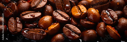 Fresh coffee beans banner. Coffee beans background. Close-up food photography