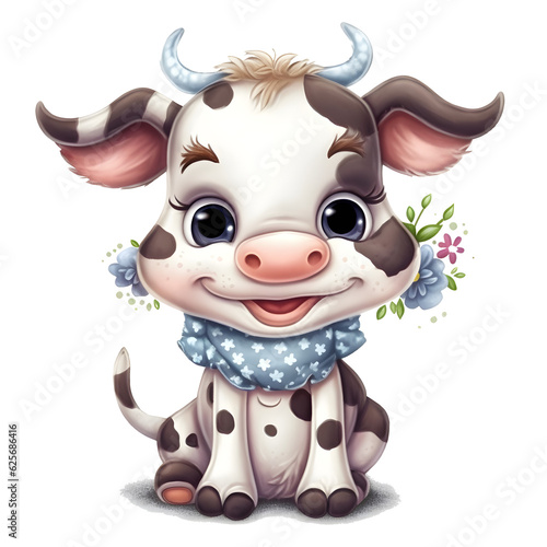 Cute cartoon cow sitting on a transparent background  png