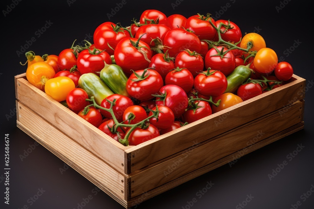 Wooden box without a lid with tomatoes, full to the brim with tomatoes. Wooden box without a lid with tomatoes, full to the brim with tomatoes.