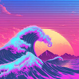 retro background with waves. Paiting art. AI generated
