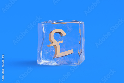 British pound sterling symbol in ice cube. 3d illustration