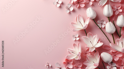 Pink flower top view copy space pink background greeting card