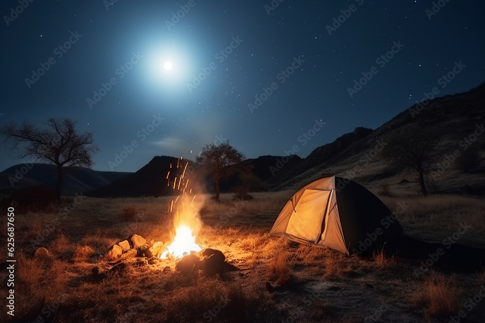 Camping under moon with tent and bonfire, vacation concept. Generative AI.