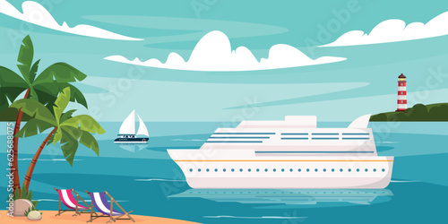 Vector illustration of a view from the island to the sea in cartoon style. Sailboat, yacht, ship, lighthouse and palm trees with sun loungers on the beach. Land in the middle of the ocean.