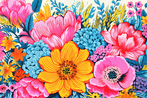 risograph printing style floral pattern in bright vibrant colors, AI generative