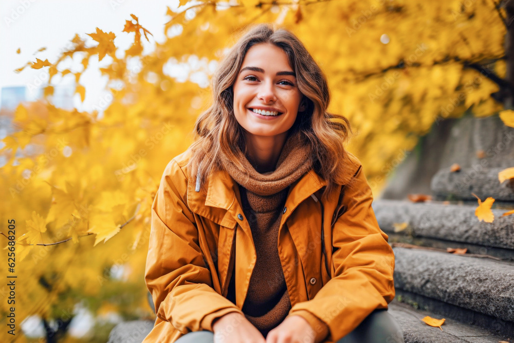 Portrait of beautiful young woman in yellow jacket sitting on stairs in autumn park. selective focus. Portrait of beautiful young woman in yellow jacket sitting on stairs in autumn park. selective focus.
