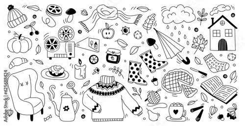 Autumn set hand drawn doodle elements fall leaves, clothes, bakery products, cozy home and other. Perfect for web, card, poster, cover, tag, invitation. Flat vector illustration on white background