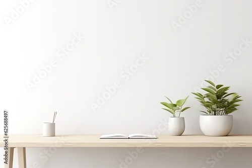 On a table with notebooks and a laptop with a copy space  there is a wooden table. workplace in a minimalist home office. mockup design.