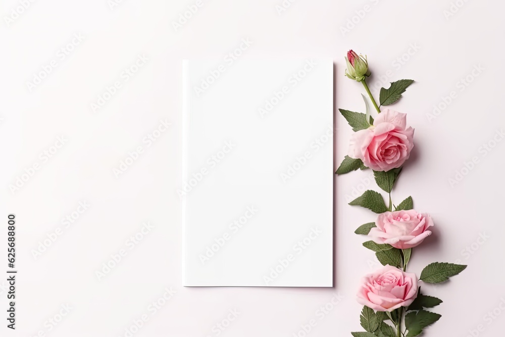 White paper with no words on a wooden frame decorated with flowers. Greeting card mock-up with a white background and a vertical blank side. White paper with no words on a wooden frame decorated with flowers. Greeting card mock-up with a white background and a vertical blank side.
