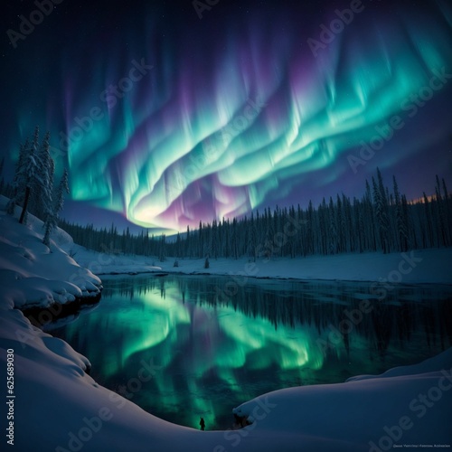 Aurora Borealis resplendent in the sky in extremely beautiful landscape, Generated AI