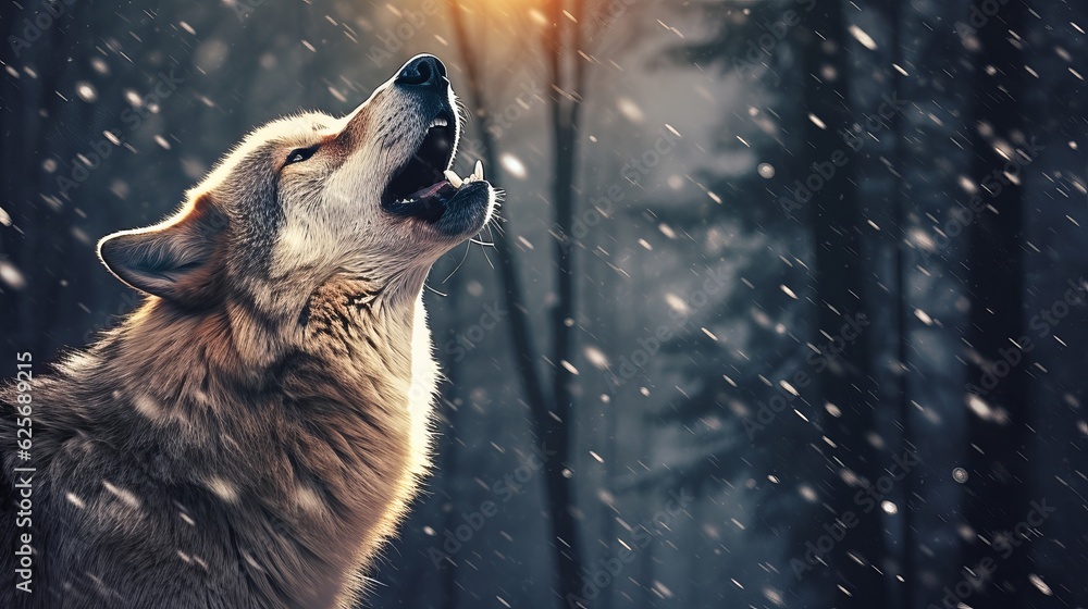 Howling wolf in winter against the background of snowing Generative AI