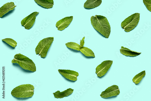 Composition with fresh mint leaves on color background