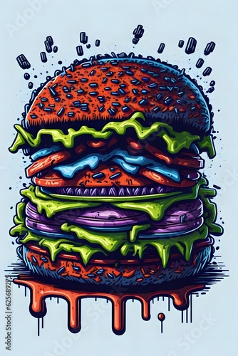 Whimsical Burger Delights  A colorful Cartoon Illustration hamburger. Generative AI