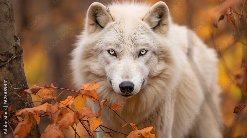 Obraz premium Arctic Wolf Looking at the Camera on a Fall Day Generative AI