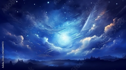 Beautiful magic blue night sky with clouds and fullmoon and stars Generative AI