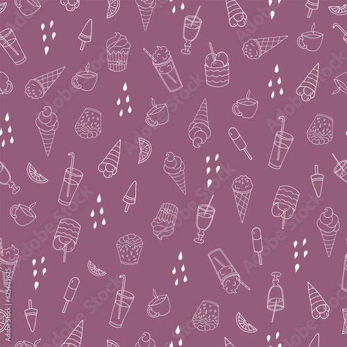 Handmade vector illustration for cafe design. Seamless pattern of glassware, cakes, sweets, ice-creams. Doodle style.