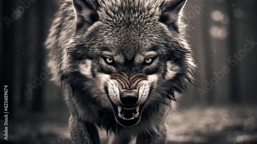 Greyscale closeup shot of an angry wolf with a blurred background Generative AI