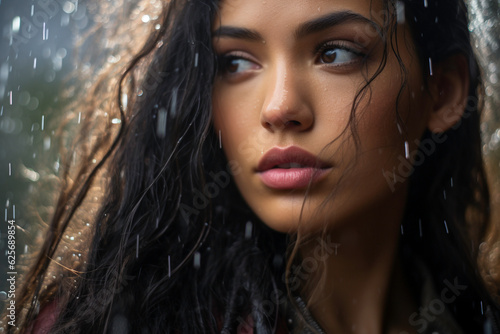 Close-up of a girl gazing at someone while getting drenched by the rain. 